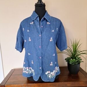 Denim Embroidered Blouse Floral Pretty Feminine Women's Size Large Cotton Vtg
